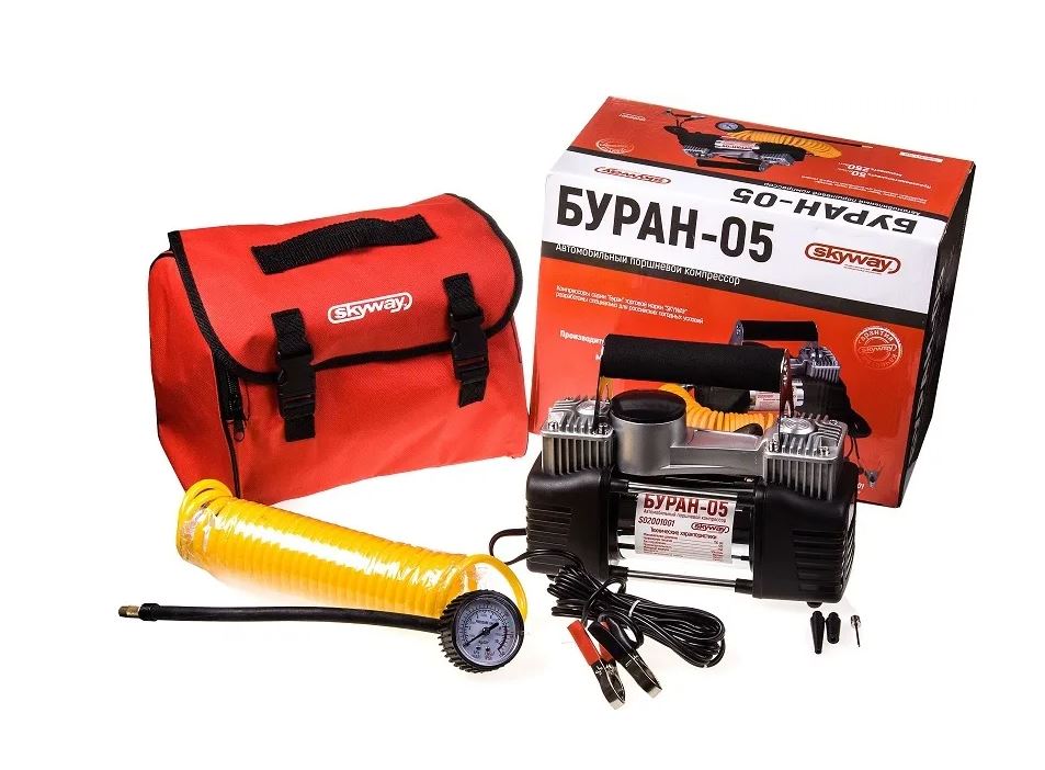 Компрессор метал. 60/мин 2х поршневой с крокодилами SKYWAY Буран-05 в сумке 10АТМ SV-1200/S02001001
